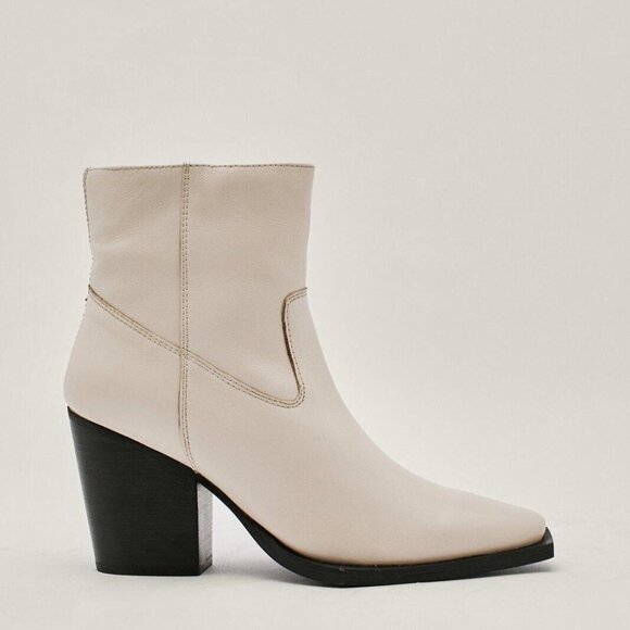 NASTY GAL Contrast Off White Leather Western Ankle Heel Boots - Picture 1 of 15